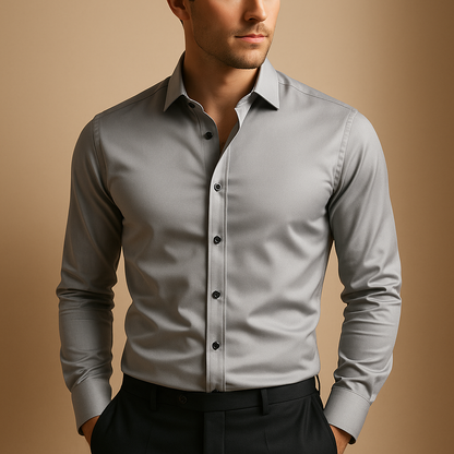 Men’s slim fit shirt made of breathable stretch fabric with classic collar and button closure, perfect for formal and casual use.