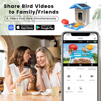 Smart bird feeder with HD camera, night vision, solar power; perfect for nature lovers, birdwatching in any weather.