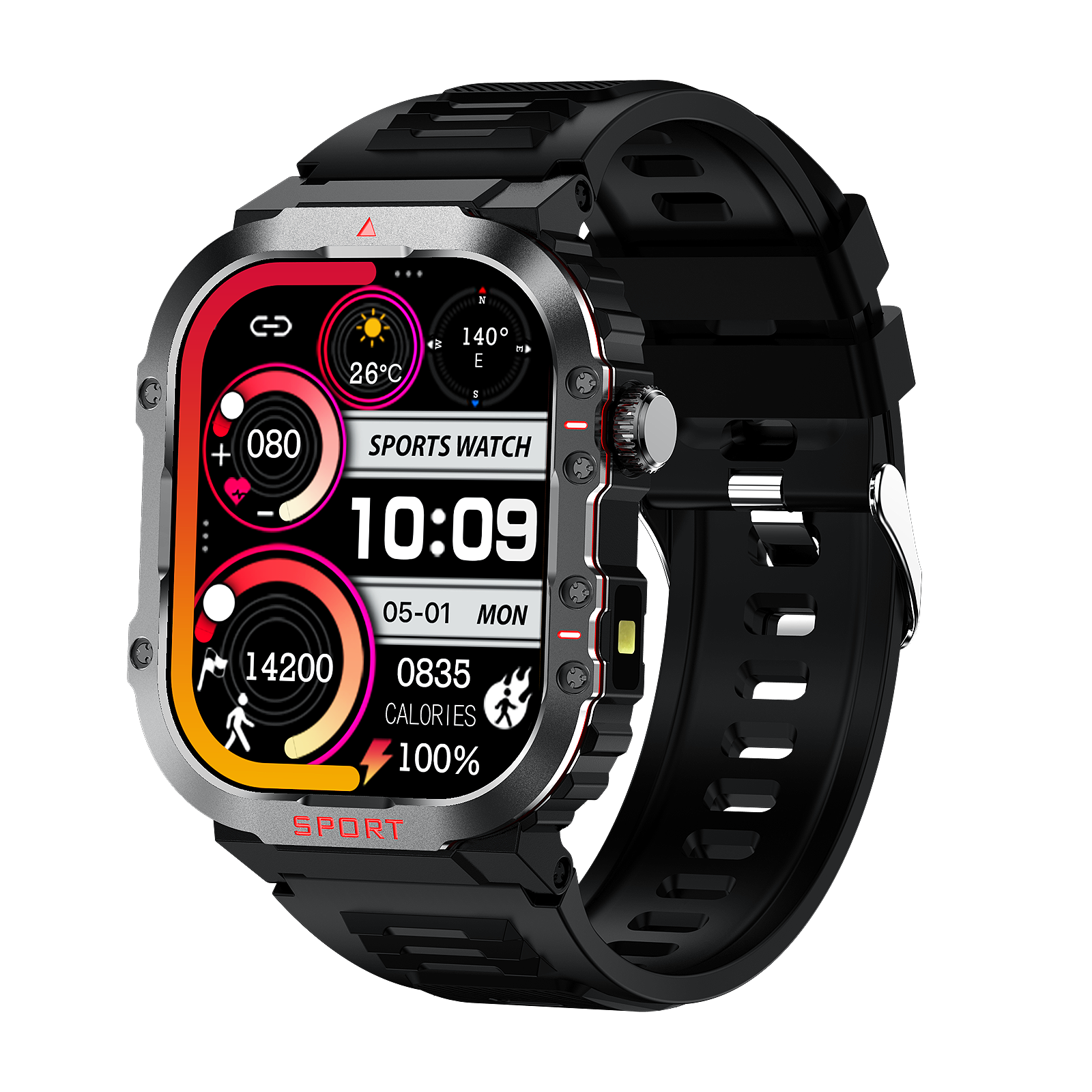 "Smart glucose watch tracks health metrics with sleek design and HD display, ideal for fitness and wellness enthusiasts."