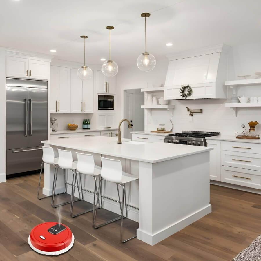 "Smart Mop robot with smart navigation, advanced cleaning features on tile floor, ideal for effortless home cleaning."