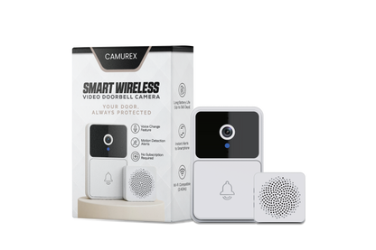 Smart wireless video doorbell camera with night vision, featuring sleek design and HD lens for enhanced home security.