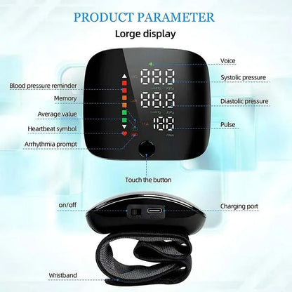 "Smart wrist blood pressure monitor with LCD, voice alerts, compact design, ideal for health & wellness monitoring."