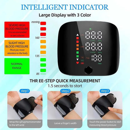 "Smart wrist blood pressure monitor with LCD, voice alerts, compact design, ideal for health & wellness monitoring."