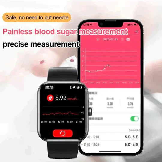 Smartwatch with sleek design for non-invasive glucose monitoring, fitness, heart, and sleep tracking, black and gold options.