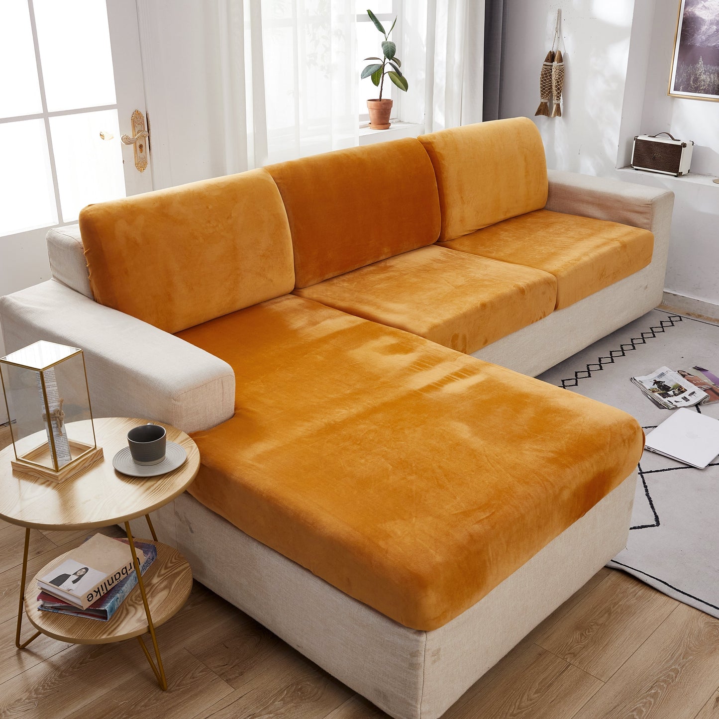 "Smoke velvet sectional sofa cover, snug fit, enhances decor, protects against stains and wear, ideal for pet-friendly homes.