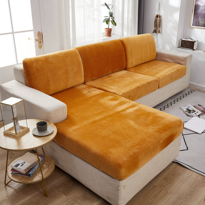 "Smoke velvet sectional sofa cover, snug fit, enhances decor, protects against stains and wear, ideal for pet-friendly homes.