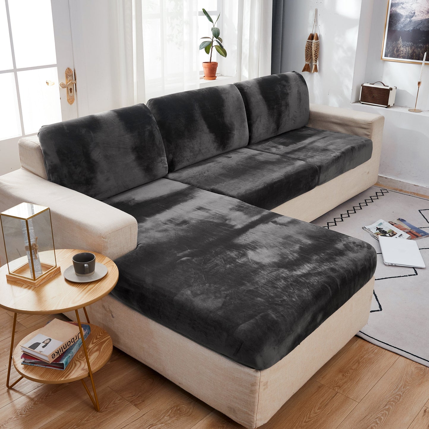 "Smoke velvet sectional sofa cover, snug fit, enhances decor, protects against stains and wear, ideal for pet-friendly homes.