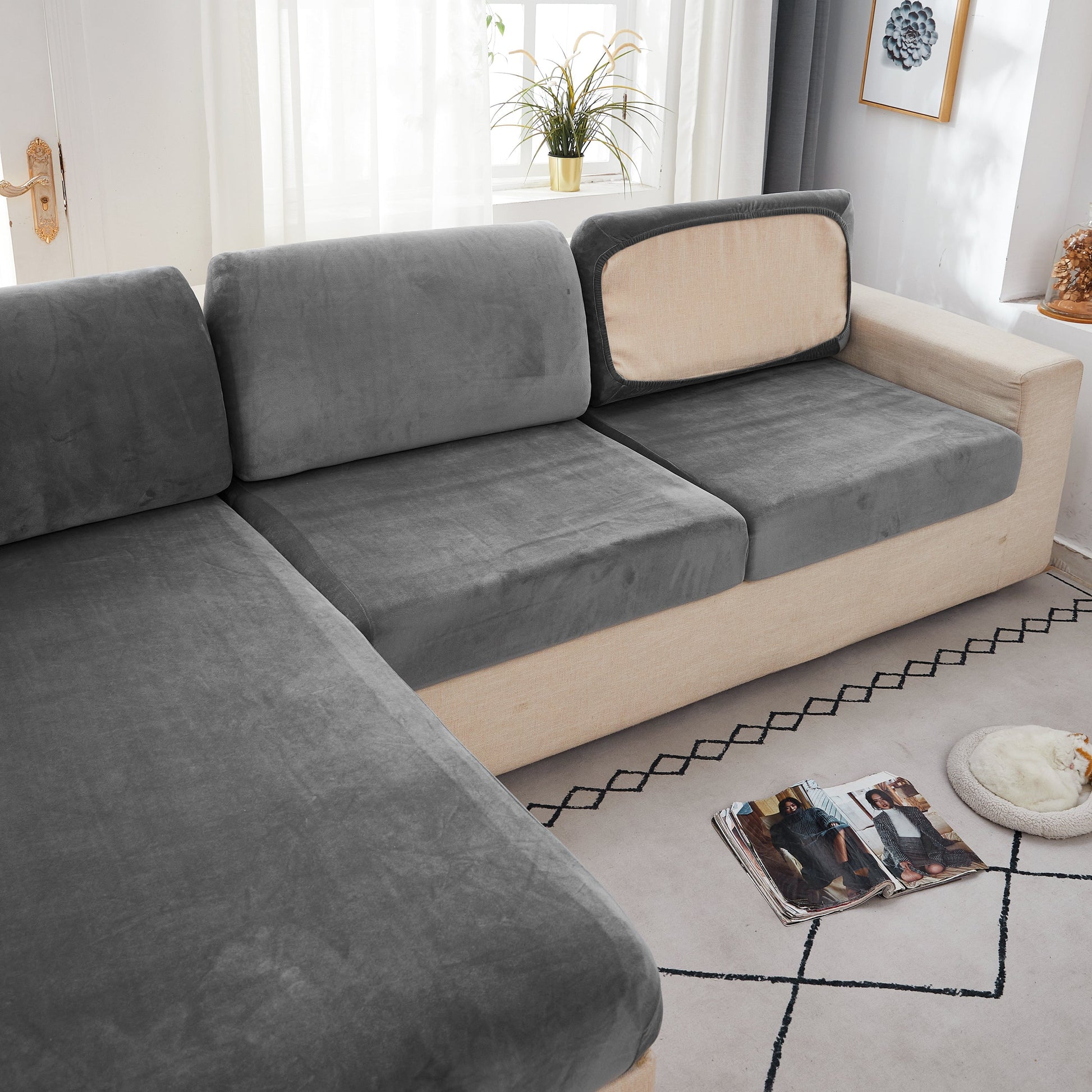 "Smoke velvet sectional sofa cover, snug fit, enhances decor, protects against stains and wear, ideal for pet-friendly homes.
