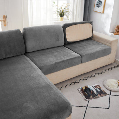 "Smoke velvet sectional sofa cover, snug fit, enhances decor, protects against stains and wear, ideal for pet-friendly homes.