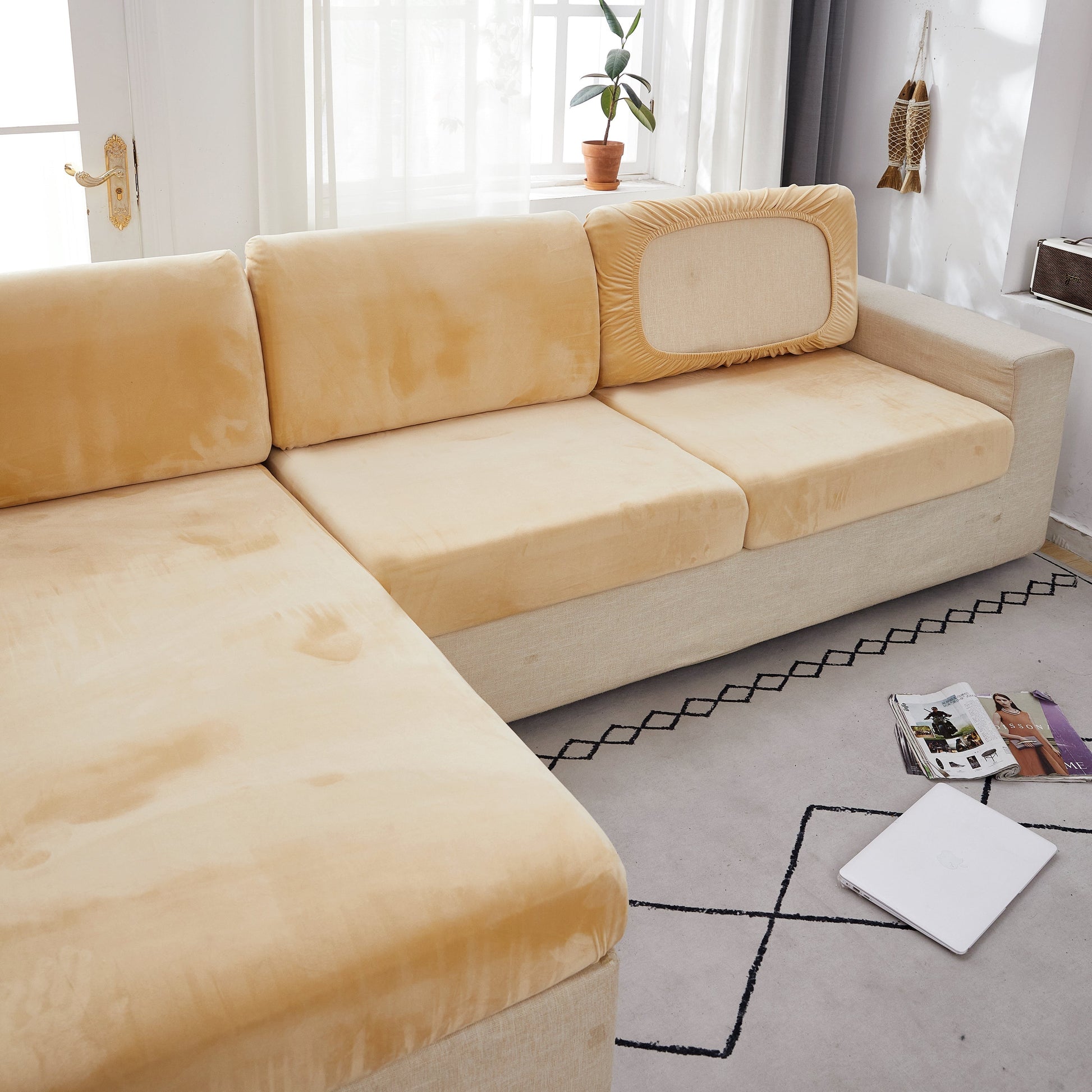 "Smoke velvet sectional sofa cover, snug fit, enhances decor, protects against stains and wear, ideal for pet-friendly homes.