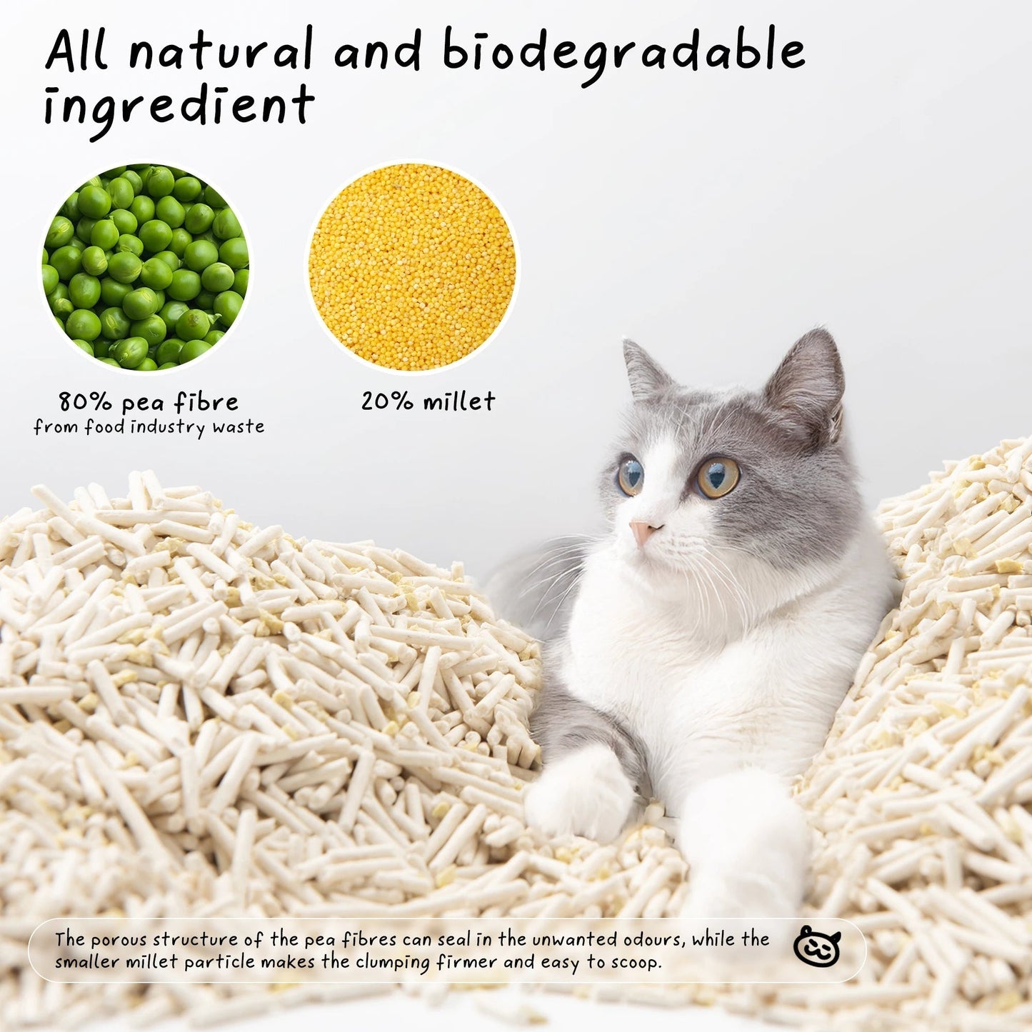 "Soft beige tofu cat litter, eco-friendly, plant-based, flushable, ideal for sensitive paws; enhances home decor."