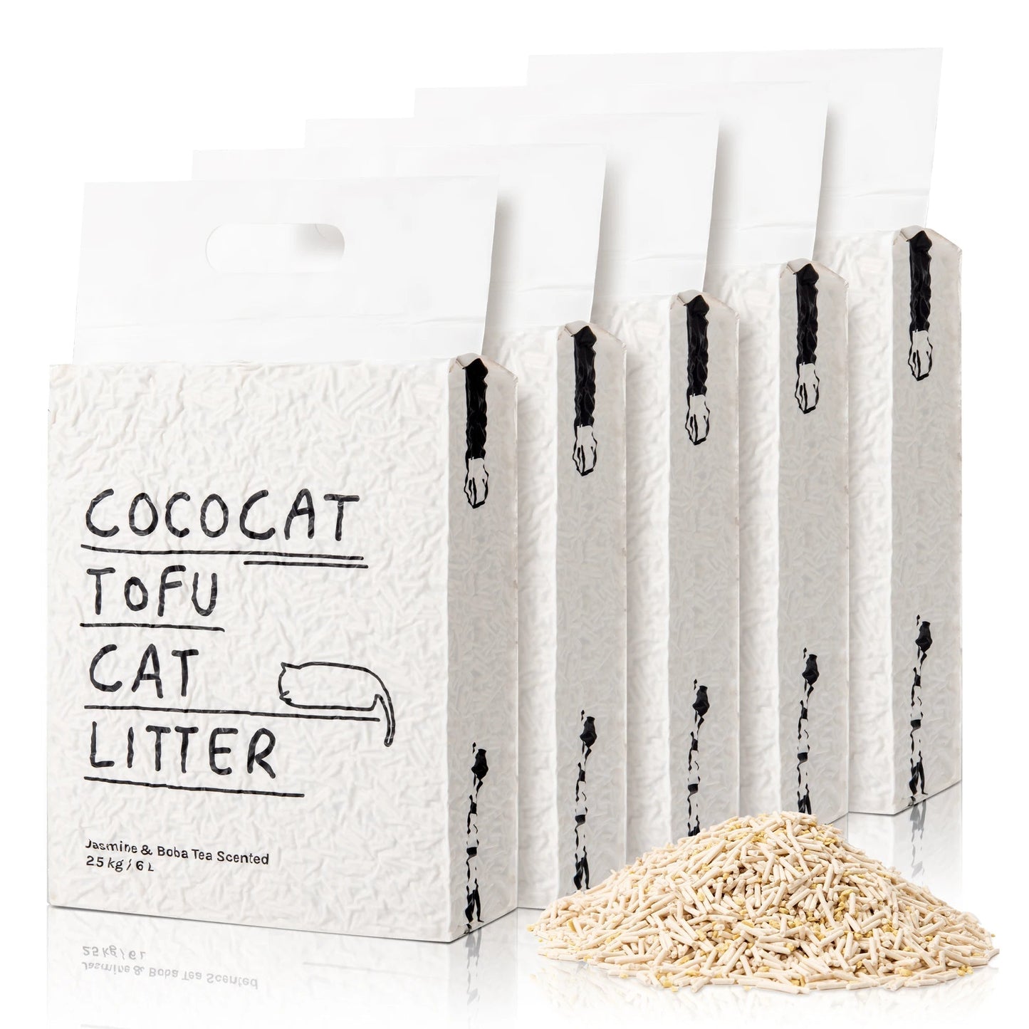 "Soft beige tofu cat litter, eco-friendly, plant-based, flushable, ideal for sensitive paws; enhances home decor."
