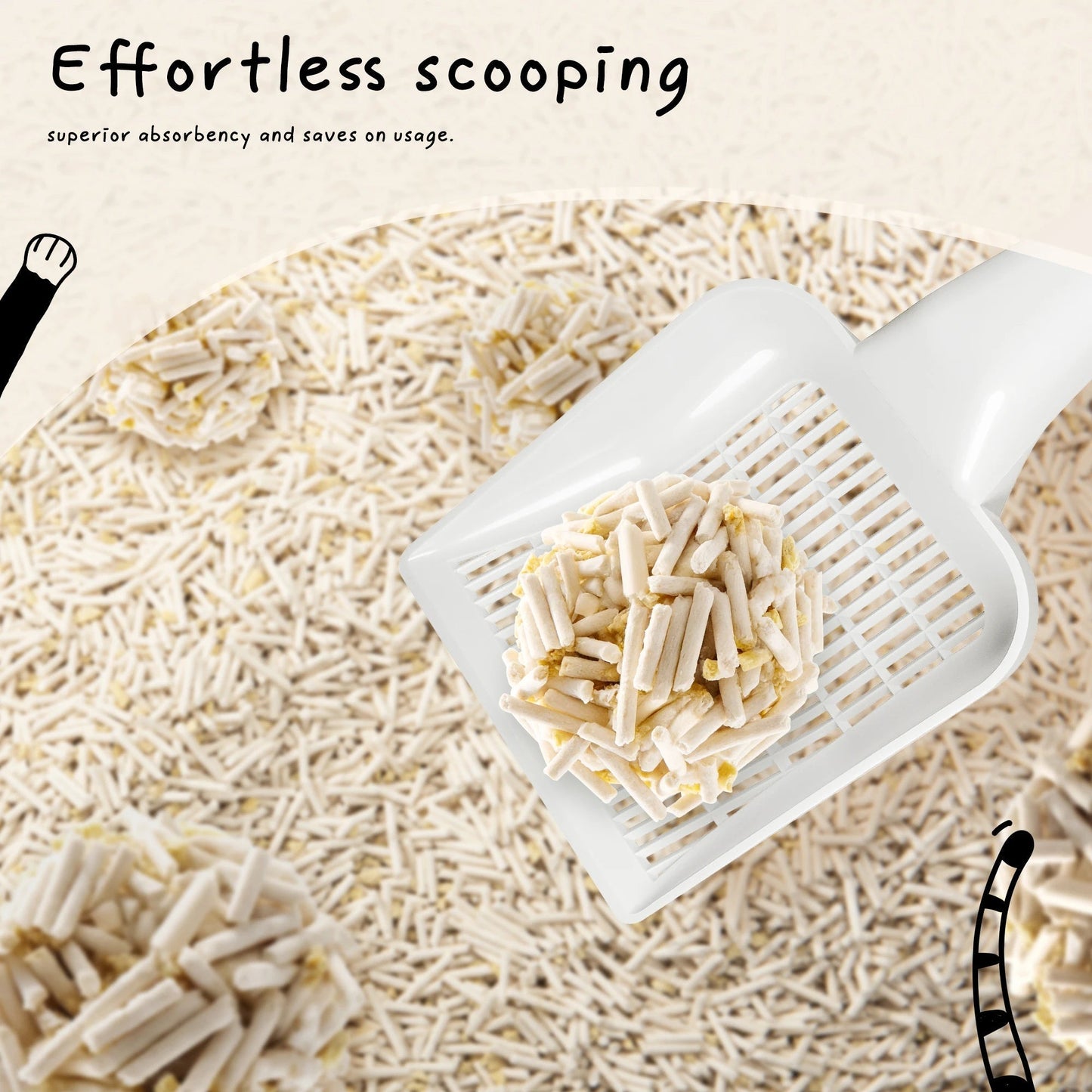 "Soft beige tofu cat litter, eco-friendly, plant-based, flushable, ideal for sensitive paws; enhances home decor."