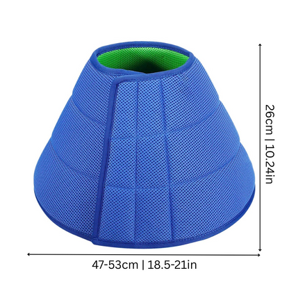 "Soft mesh pet recovery collar, adjustable and comfortable, allows unhindered vision and movement for gentle pet care."