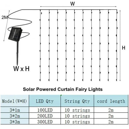 "Solar LED curtain light with copper wire, ideal for events, featuring warm white LEDs and solar power, outdoor use."