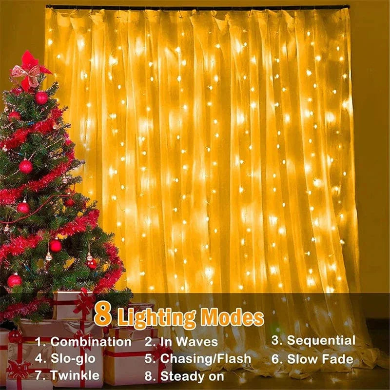 "Solar LED curtain light with copper wire, ideal for events, featuring warm white LEDs and solar power, outdoor use."
