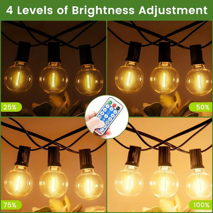 Solar LED string lights with dimmable G40 bulbs; perfect for outdoor, patio decor, offering warm glow and adjustable modes.