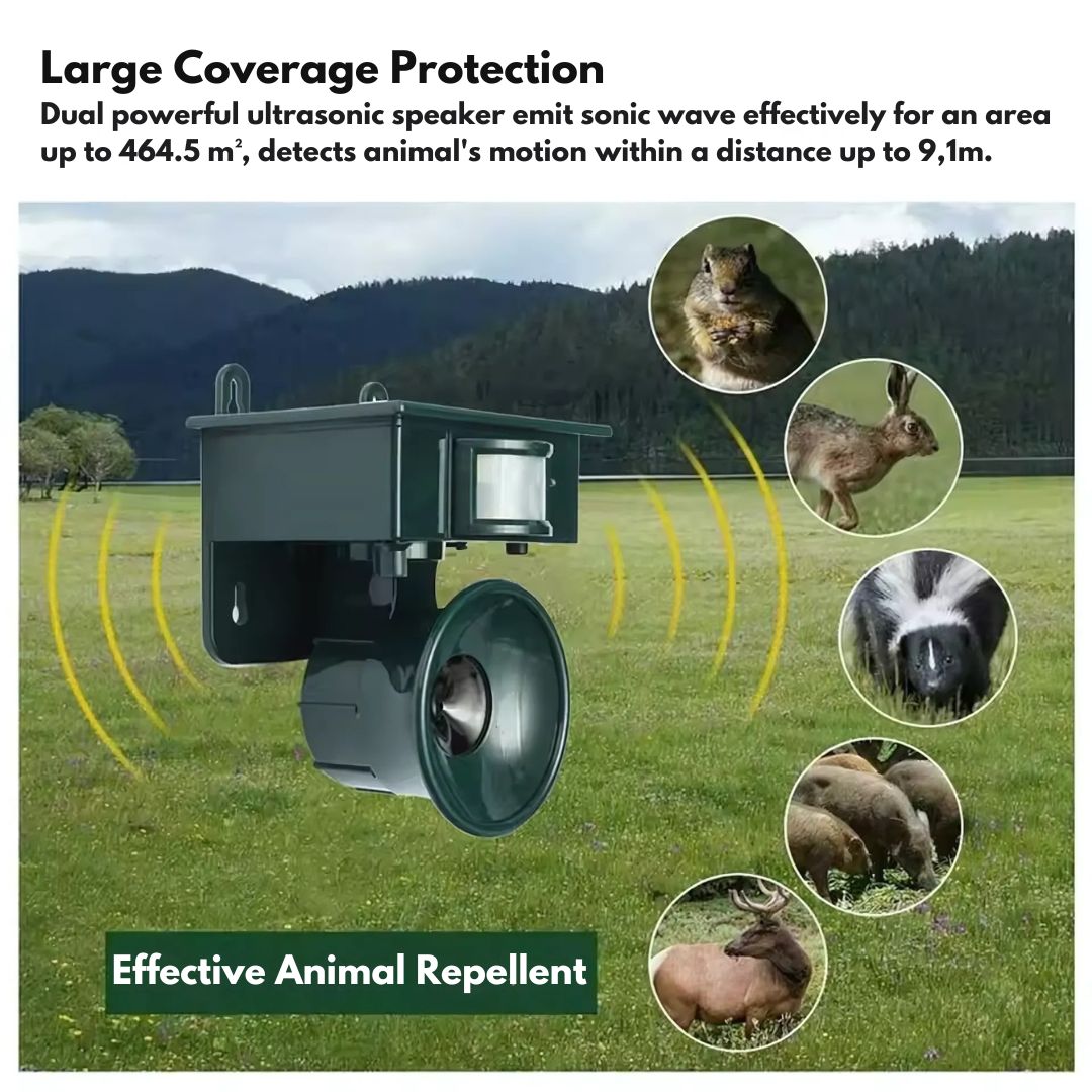"Solar-powered motion sensor bird repeller, green and gray, for eco-friendly outdoor pest control in gardens and patios."