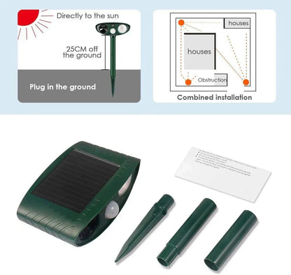 Solar-powered ultrasonic deer repeller with green casing, motion sensor, solar panel, ideal for outdoor garden protection.