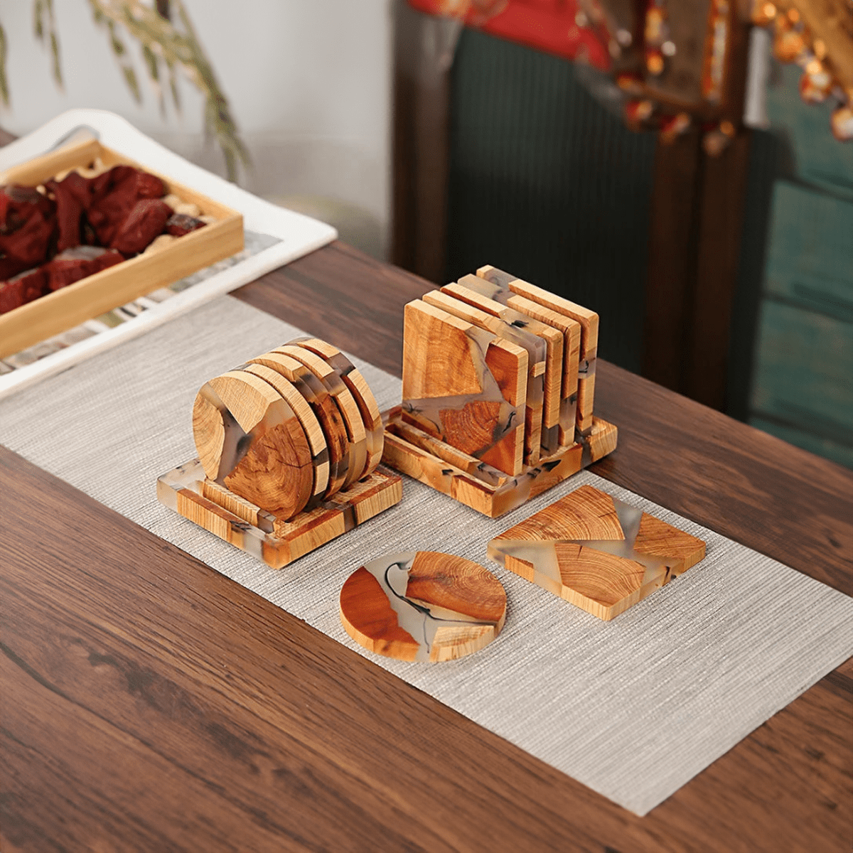Natural Wooden Coaster Set with Oriental Style Details - Luxivelle