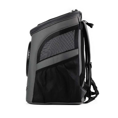 "Spacious cat backpack with bubble window, ventilation holes, and durable design for comfortable pet travel."