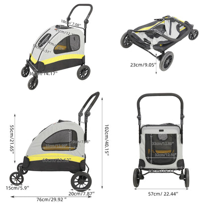 Spacious collapsible 4-wheeler dog stroller for large breeds, featuring breathable mesh and durable all-terrain wheels.