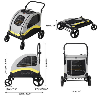 Spacious collapsible 4-wheeler dog stroller for large breeds, featuring breathable mesh and durable all-terrain wheels.