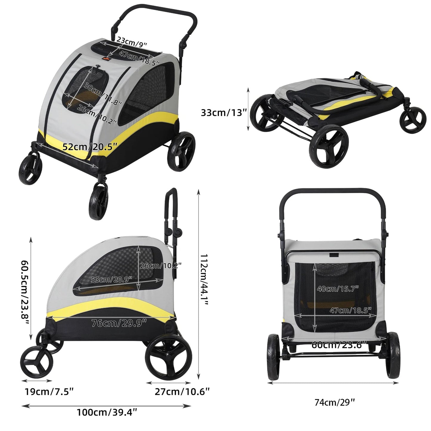 Spacious collapsible 4-wheeler dog stroller for large breeds, featuring breathable mesh and durable all-terrain wheels.