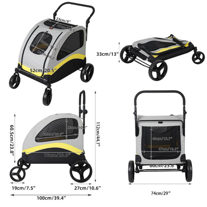 Spacious collapsible 4-wheeler dog stroller for large breeds, featuring breathable mesh and durable all-terrain wheels.