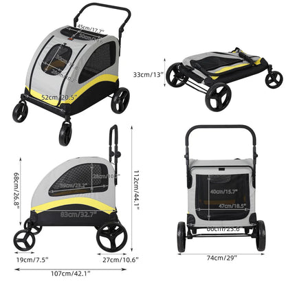 Spacious collapsible 4-wheeler dog stroller for large breeds, featuring breathable mesh and durable all-terrain wheels.