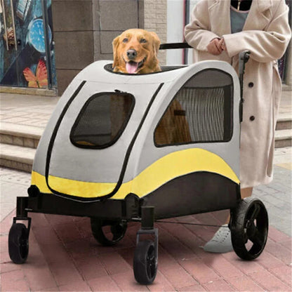 Spacious collapsible 4-wheeler dog stroller for large breeds, featuring breathable mesh and durable all-terrain wheels.