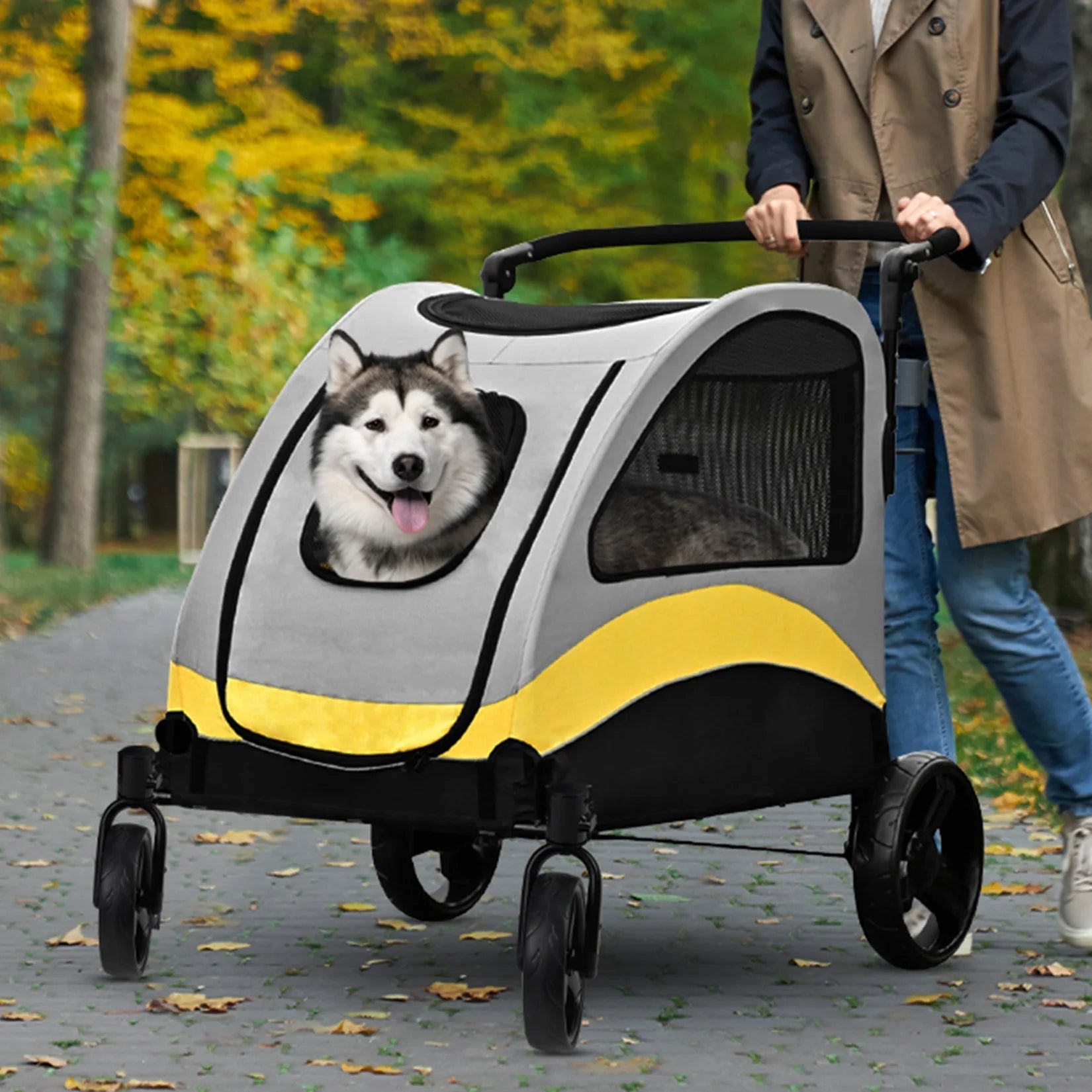 Spacious collapsible 4-wheeler dog stroller for large breeds, featuring breathable mesh and durable all-terrain wheels.