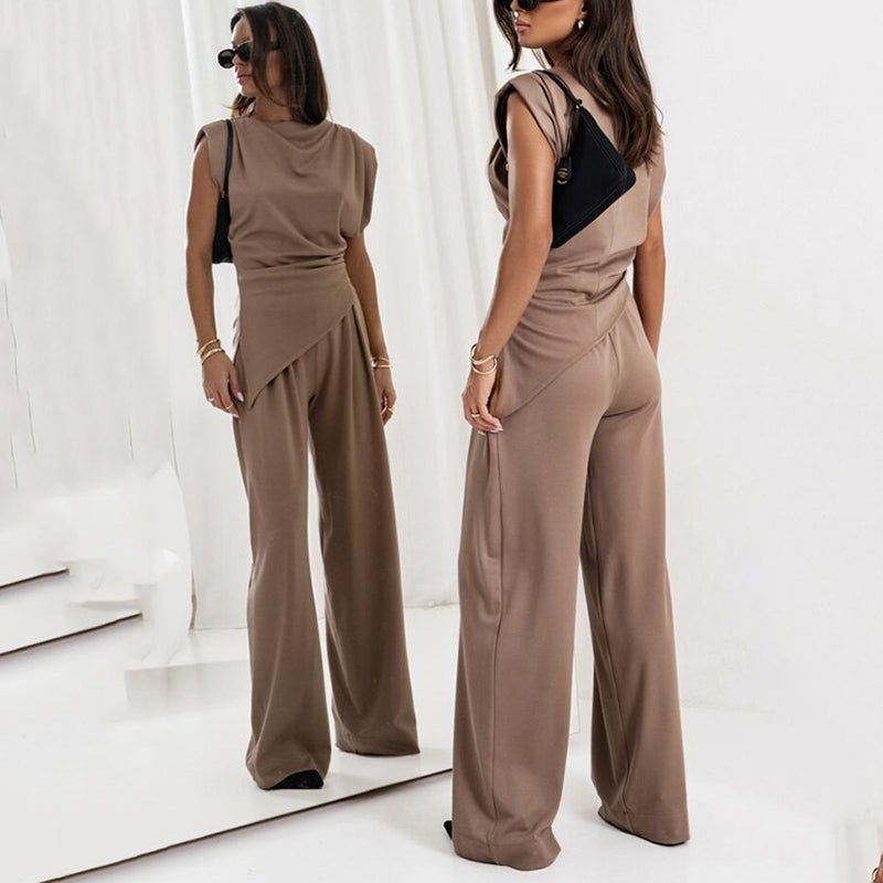 Chloë | Women's Two Piece Set with Asymmetrical Draped Top and High-Waisted Pants 2