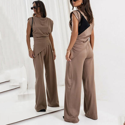 Chloë | Women's Two Piece Set with Asymmetrical Draped Top and High-Waisted Pants 2