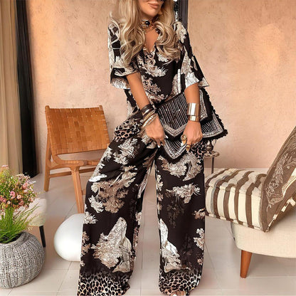Warm Printed V-Neck Top and Leggings Set - Luxivelle