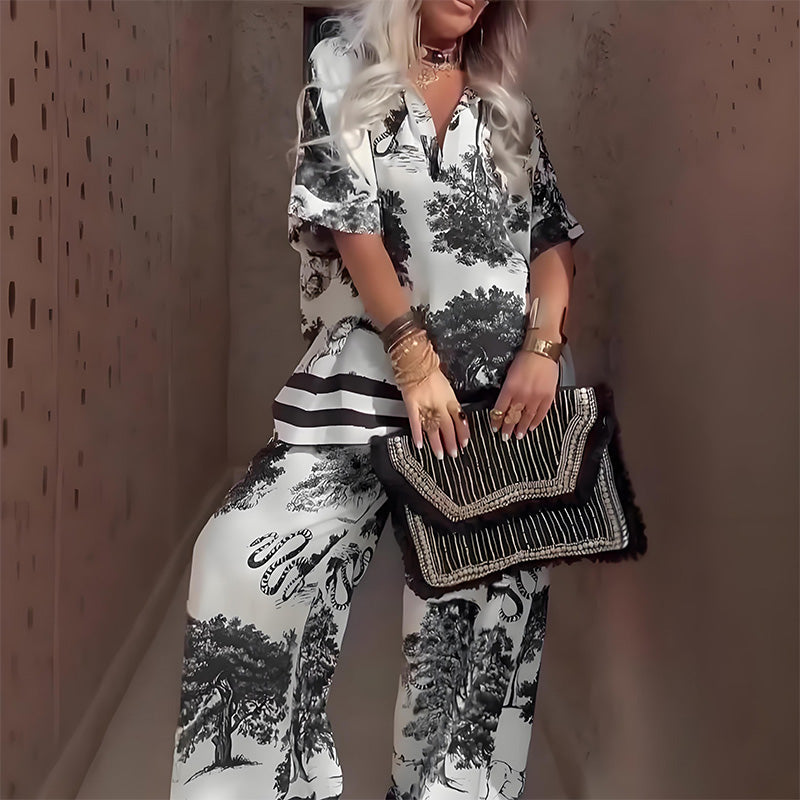 Warm Printed V-Neck Top and Leggings Set
