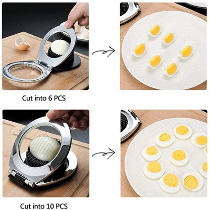 Stainless Steel 3-in-1 Egg Slicer with durable wires, ergonomic design; slices eggs, mushrooms, fruits easily for top present