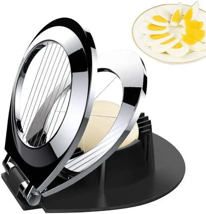 Stainless Steel 3-in-1 Egg Slicer with durable wires, ergonomic design; slices eggs, mushrooms, fruits easily for top present