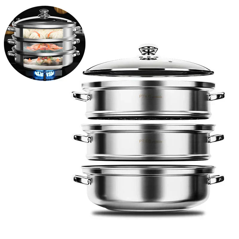 Premium 3 Tier Food Steamer with Glass Top and Grip Handles - Luxivelle