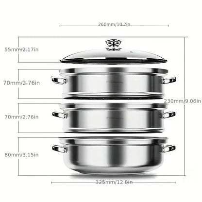 "Stainless steel 3-tier steamer with glass lid and handles, ideal for healthy cooking, steaming vegetables, fish, and dumplin