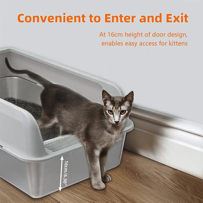 "Stainless steel cat litter box with easy front access and tall sides, ideal for hygienic pet spaces and easy maintenance."