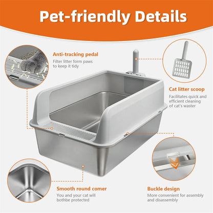 "Stainless steel cat litter box with easy front access and tall sides, ideal for hygienic pet spaces and easy maintenance."