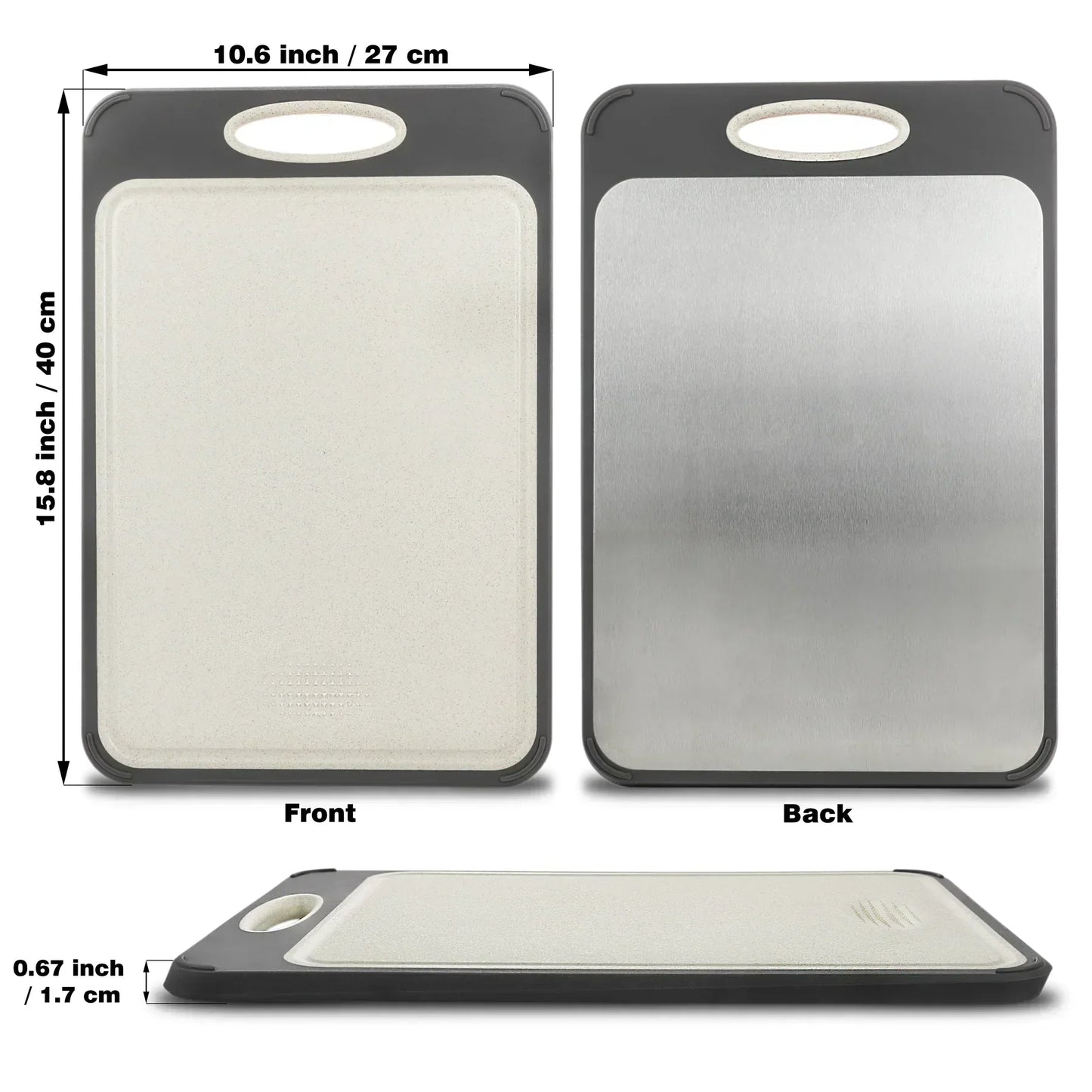 Stainless steel cutting board with a smooth finish and non-slip ergonomic handle, ideal for precise and hygienic kitchen prep