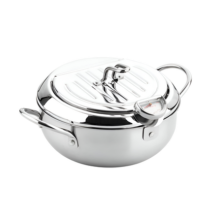 "Stainless steel deep fryer pot with thermometer, silver, heat-resistant handles, and oil drainer rack for safe frying."