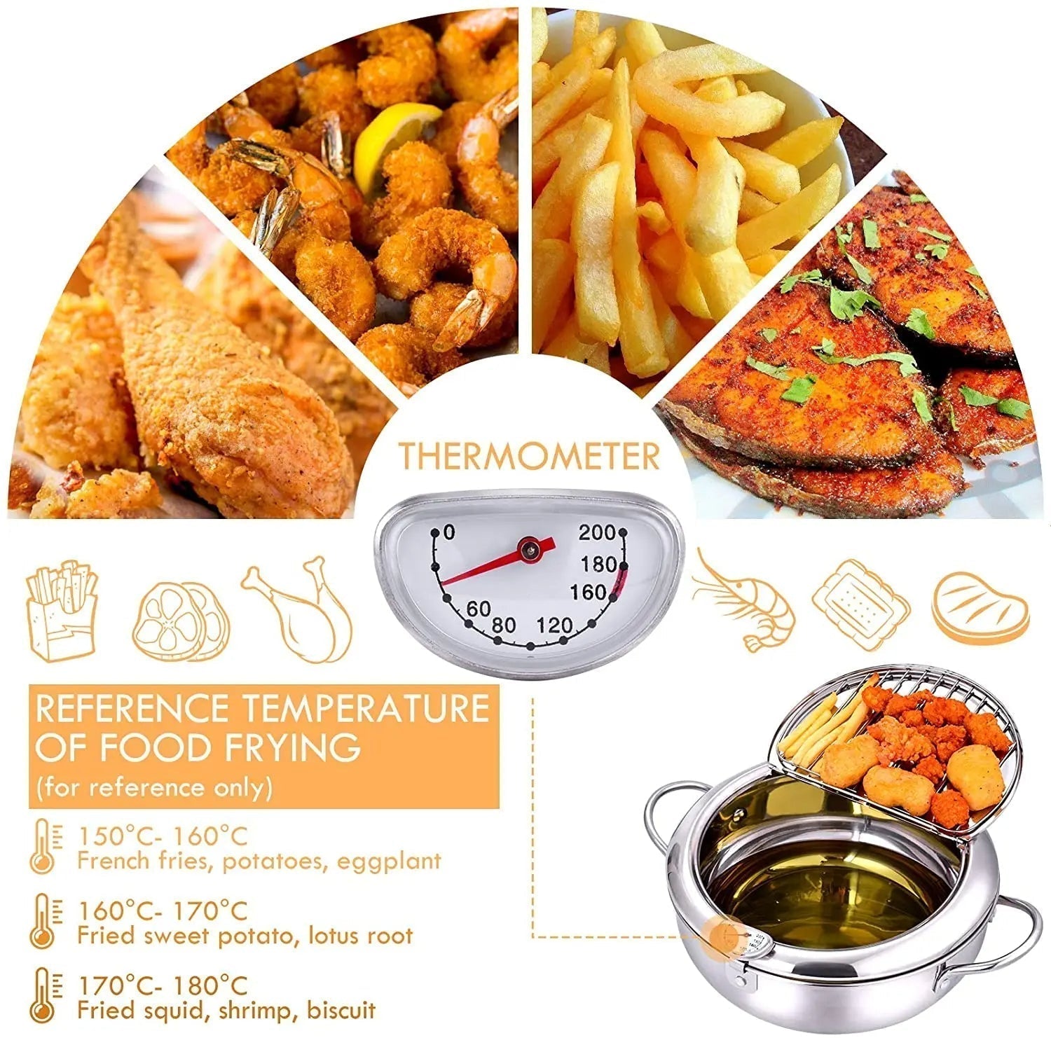 "Stainless steel deep fryer pot with thermometer, silver, heat-resistant handles, and oil drainer rack for safe frying."