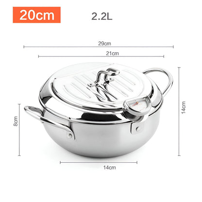 "Stainless steel deep fryer pot with thermometer, silver, heat-resistant handles, and oil drainer rack for safe frying."