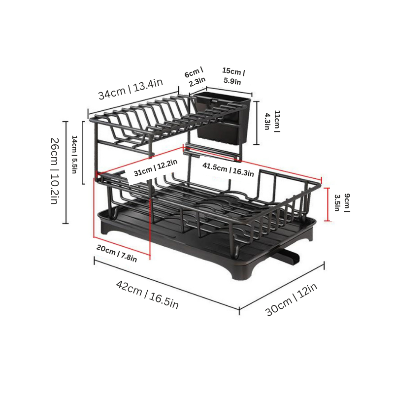 "Stainless steel dish rack with drip tray, sleek design, ample space for plates and cups, modern kitchen essential."