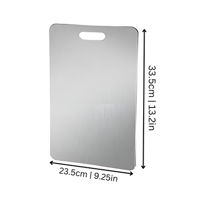 Stainless steel kitchen cutting board with sleek anti-microbial surface, perfect for durable and hygienic cooking prep.