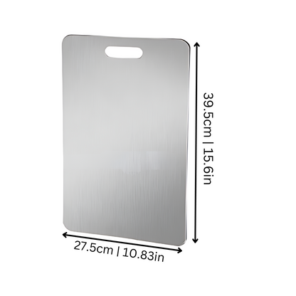 Stainless steel kitchen cutting board with sleek anti-microbial surface, perfect for durable and hygienic cooking prep.