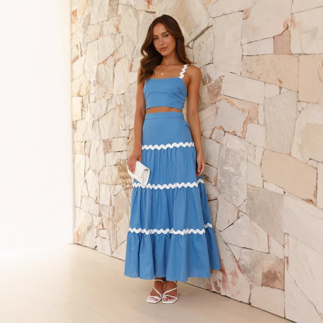 Sleeveless Off Shoulder Crop Top and Flowy Maxi Skirt Set - Luxivelle